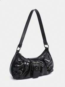 1pc Retro Maillard Distressed Leather Motorcycle Bag With Studs And Buckles, Soft Touch, Folded Detail, Cloud Shape, Shoulder & Crossbody Bag, Suitable For Work, Commute, Date And Party, Retro Inspired Vintage Bag For Women, Halloween Purse Perfect For Fancy Party Halloween Fashion & Gothic Fashion , Vintage Bag - 黑色 - 查看 2