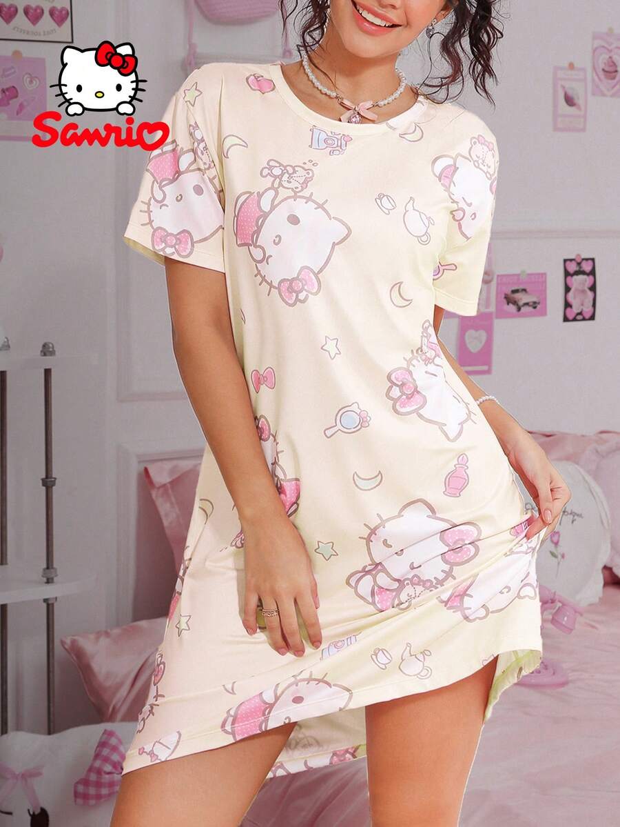 SANRIO 1件女士黄白圆领睡裙，家居服，睡衣，睡袍 - 黃色 - 查看 1