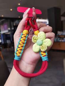 1pc Floral Braided Wrist Strap, Short Wristlet Phone Lanyard With Dopamine Flower Decor, Comfortable Cotton Rope, Soft Hanging Accessory For Phone Case, Anti-Lost, Elegant Bracelet With Clip - Multicolor - View 11