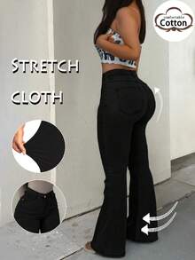 GILIPUR High-Waisted Flare Fit Black Jeans, Stretchy Y2K Style Women's Pants, Elegant Casual Streetwear Bottom - Black - View 3