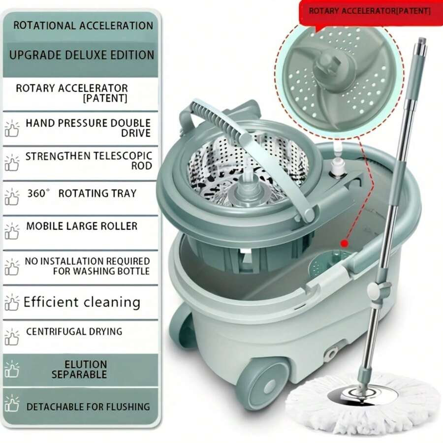 Set Of Spin Mop And Bucket With Wringer, Ideal For Bathroom Use, Including A 360° Spinning Mop Bucket System With Three Microfiber Mop Replacement Heads And A 61" Adjustable Stainless Steel Handle For Effective Floor Cleaning - 綠色升級 - 查看 1