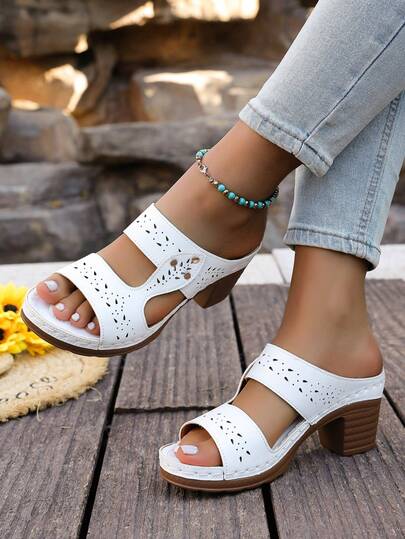 Women's Casual Solid Color Hollow Out High Heel Sandals, Summer