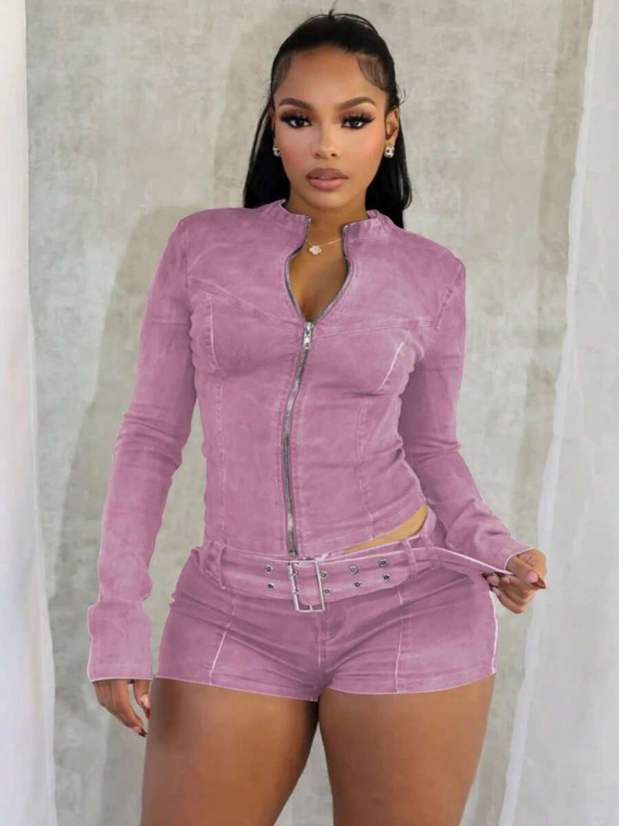 Denim Two-Piece Long-Sleeve Zip-Up Belted Bodycon Shorts Set Spring Summer Valentine's Day Outfit Trajes Elegantes De Mujer Spring Break Outfits Pink Outfit Women - 粉色 - 查看 1