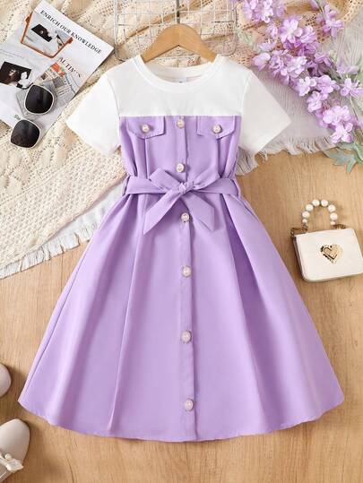 8-12 Years Old Girls' Purple & White Contrast Color Dress, Round Neck Short Sleeve, Pearl Button Decor, Fake Pocket Design, Waist Tie Bow, Flowing Breathable Fabric, A-Line Skirt, Sweet & Elegant Daily/School/Travel Dress, Fresh & Gentle Summer New Arrival