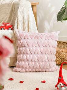 1个浅粉色心形图案枕套，浪漫毛绒仿羊毛方形抱枕，带心形细节 - 情人节、沙发、卧室和浪漫家居装饰靠垫 - 粉色 - 查看 3