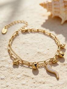 Women's Bracelet - 1 Gold Fashionable Versatile Stackable Stainless Steel Hollow Heart Bell With Diamond Inlay, Chili Pepper, Oil Drop, And Insect Pendants - Valentine's Day - Everyday Wear - Gift