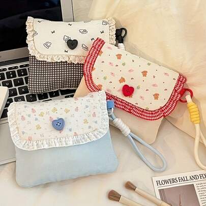 Reseväska för kvinnor, stor kapacitet, spetskant och hjärtutskärning, flera fack för kosmetika, bindor, nycklar etc., vikbar och bärbar, dragkedja, slitstarkt tyg, ljusrosa