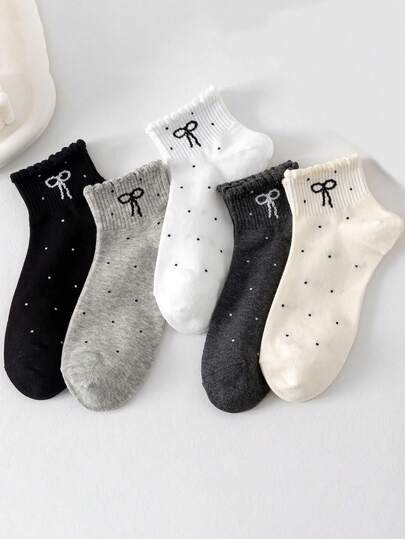 5 Pairs Kids Polka Dot, Butterfly, Striped Mid-Calf Socks, Comfortable, Breathable, Suitable For School, Daily Wear, Girls