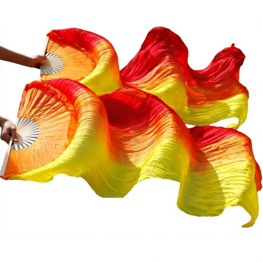 1 Pair(Left+Right) Belly Dance Fan Artificial Silk Fans,Colorful Dancing Fabric Fans,Long Folding Belly Dance Fans Dancing,Length 180cm Width 90cm - 紅黃漸變 - 查看 1