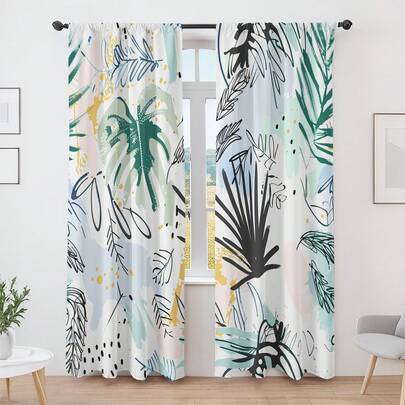 2 st 2D-tryckta gardiner med tropiska växtmönster, lätta gardiner i nordisk stil för vardagsrum och sovrum, design med fräscha gröna växter, skapar en naturlig och bekväm hematmosfär