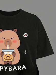 Pakaian Kasual untuk Remaja Perempuan: Kaos Lengan Pendek Bergambar Kartun Capybara dan Celana Panjang Ketat Model Flare - Hitam - View 4