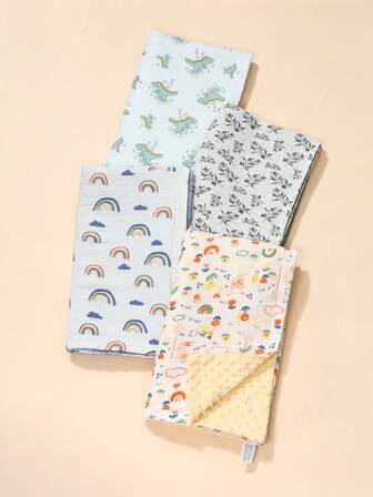 Nyfödd Essential Unisex Baby Bomull Muslinfilt - Varm & Supermjuk, Tecknat Tryck, Prickigt Fleecefoder, Hudvänlig (86x100cm/33.8x39.4in), Perfekt 1-årspresent (För Pojkar & Flickor), Perfekt Alla hjärtans dag-babypryl (Ljusgrön, Mörkgrön, Blå, Gul)