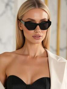 1副不规则形状大框女士时尚眼镜复古个性化茶色眼镜夏季度假沙滩配饰 - 黑色 - 查看 3