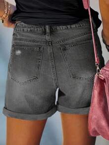 Casual Street Style Women Loose Denim Wide Leg Shorts, Fashion For Summer - Dark Grey - View 2