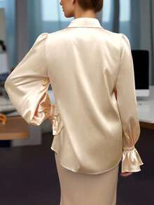 Elegantes Pendler-Top in Unifarbe für Damen in Große Größen mit weiten Ärmeln, Stehkragen und figurbetonter Passform, Damen Knopfhemd, Basic-Top, Business-Casual-Kleidung für Damen, Damenjacke, Lehrershirt Shirt, Studentenoutfit, Herbstbekleidung für Damen - Aprikosenfarben - Übersicht 5