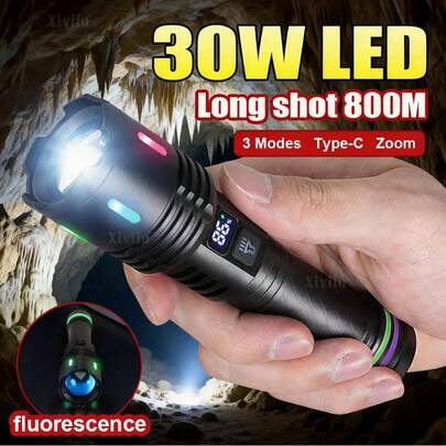 超亮30W LED便携式手电筒，防震防水，可充电（使用18650电池），轻巧可变焦，适用于露营、遛狗、探险和紧急情况。