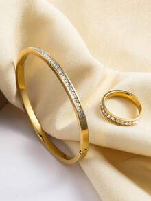 1 Set Fashionable Luxurious Diamond Women's Bracelet Set, Includes 1 Rust-Resistant Golden Color Diamond Bracelet And 1 Stainless Steel Ring, Suitable For Women's Daily Wear, Parties, Birthdays, Weddings, Music Festivals, Dates, Anniversaries, And As A Gift For Women - Gold - View 5