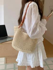 Túi tote đan rơm mùa hè mới 2025, túi đeo vai đa năng đi biển, túi xách đi làm. - Màu be - Xem 5