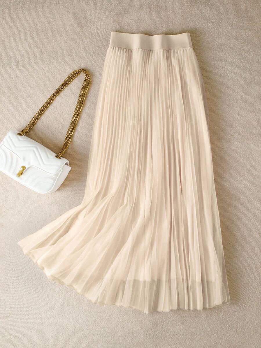 女士优雅百搭纯色休闲半身裙，适合派对、海滩、度假、日常穿着和约会。 - 杏色 - 查看 1