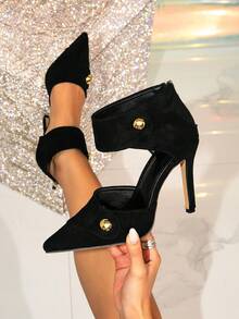 Fuchsia High Heel Pumps With Rivet Decor, Pointed Toe Sexy Fashion, Back Zipper Cute Pink High Heel Pumps - Black - View 7