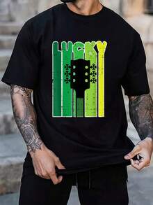 100% Cotton Lucky Guitar Shamrock St Patricks Day Music Band Guitarist T-Shirt Women's Men's Black Vacation Crew Neck Short Sleeve Classic Fit Holiday T-Shirt Summer Tee - 黑色 - 查看 1