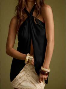 Women's Halter Tank Top Sleeveless Open Back Ruffle Slit Front Silk Satin Shirt Camisole For Party Cocktail - 黑色 - 查看 1