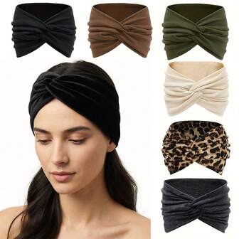 6条/套 女士波西米亚风发带 - 柔软弹性材质，扭结设计，纯色，适合运动和休闲场合佩戴