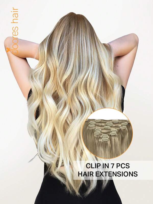 DOORES 7 PIEZAS Extensiones de cabello con clip 100% cabello humano real con reflejos rubio ceniza platino de 14-22 pulgadas 115g, extensiones Remy con clip en cabello humano con trama recta e invisible y sedosa, cabello liso y voluminoso que es natural y suave, extensiones con clip para cabello fino para mujeres y hombres para Navidad, cosplay, campus o citas