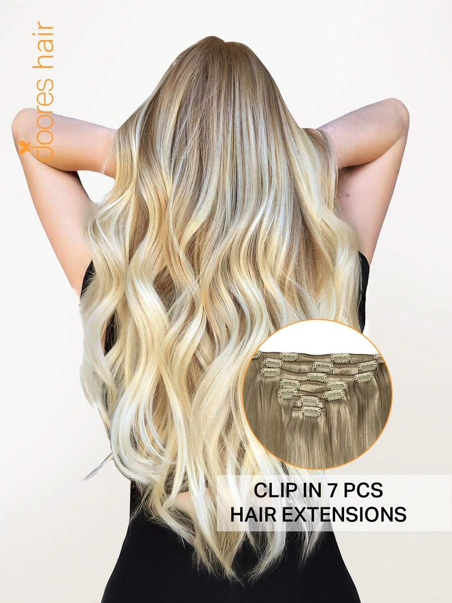 DOORES 7PCS Clip In Hair Extensions 100% Real Human Hair Ash Blonde Highlights Platinum 14-22 Inch 115g, Remy Extensions For Clip In Human Hair With Invisible Straight & Thick Silky Weft, Volumizing Straight Hair That Is Natural & Soft, Long Hair Clip Ins For Thinning Hairs For Women And Men Winter Christmas Cosplay/Campus / Date Night