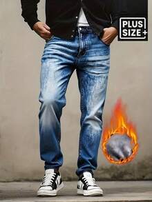 238 Men's Fall/Winter Stretch Washed Navy-White Jeans - Slim-Fit Mid-Rise Straight Leg, Vintage Washed Blue Denim Pants, Machine Washable Year-Round Versatile Casual Pants (Opaque), Classic Five-Pocket Design, Non-See-Through Material, Comfortable Street Style, Essential Fashion Staple For Versatile Outfits, Thickened Plus Size Men's Jeans, Men's Casual Trousers, Multifunctional Workwear Jeans, (Plus Sizes Available) - màu xanh nhạt - Xem 5