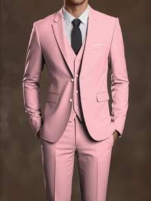 Pink Men's Suit 3 Piece Set, Slim Fit Wedding Tuxedo, Two-Button Business Blazer Jacket With Vest And Pant, Solid Color  For Wedding Groomsmen Business Formal Occasions - Hồng - Xem 1
