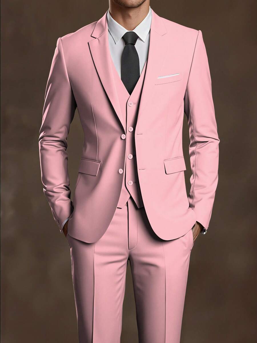 Pink Men's Suit 3 Piece Set, Slim Fit Wedding Tuxedo, Two-Button Business Blazer Jacket With Vest And Pant, Solid Color For Wedding Groomsmen Business Formal Occasions - Hồng - Xem 1