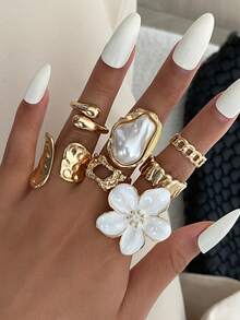 7pcs/Set Bohemian Geometric Faux Pearl Asymmetrical Hollow Ruffle Flower Fashion Open Ring Set, Luxurious Everyday Versatile Jewelry Gift For Women - Ring - View 13