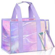 Large Beach Tote Bag For Women 26L Waterproof Sandproof Beach Bag With Zipper Pouch, Jacquard Strap Iridescent Clear Tote Bag For Vacation, Holiday, Beach, Swimming, Pool, Cruise, Boat Bag, Perfect For Beach Vacation, Shopping, And Vacation Essentials - Mauve Purple - View 6