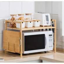 1/ 2-Tier Microwave Stand - Bamboo Wood Kitchen Countertop Organizer With Sturdy Wood Frame, Countertop Organizer With Hooks & Chopping Board Rack, Space-Saving Design For Microwave, Rice Cooker, Oven & Pots Pans, Utility Racks - 1 Tier Rustic Wood Colour - View 5