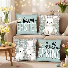 Fundas de almohada con diseño de conejito de Pascua, creativas y suaves fundas de cojín de primavera para decoración de fiestas en el hogar. - Azul - Ver 5