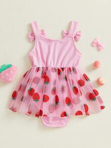 Baby Girl 1st Birthday Clothes One Year Old Tulle Romper Flying Sleeve Bodysuit Cake Smash Outfits - Màu Hồng  Dưa hấu - Xem 5