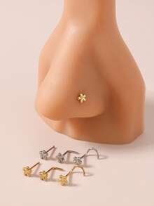 3Pcs Set Flower Nose Ring Set, Hypoallergenic Stainless Steel 18K Gold Plated - 20G, Washable, No Need To Remove, No Need To Care For Ear Piercings, S-Shaped, L-Shaped, And Straight Nose Rings, Piercing Jewelry Set - Multiple Styles - View 2