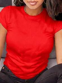 Women's Basic Solid Color Short Sleeve Crew Neck Pure Cotton T-Shirt, Slim Fit Casual Daily Top, Sizes S-XXXL, Soft Breathable Comfortable Tee, Lightweight Summer Fashion Essential, Easy To Match, Classic Style, High-Quality Cotton Fabric, Suitable For All Seasons,  Basic Top For Women - Đỏ - Xem 11