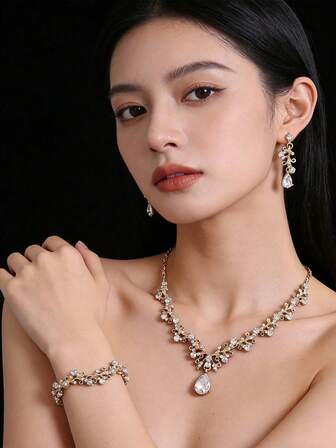 4件套水钻项链、耳环、手链首饰套装，新娘婚礼配饰，适合新娘、女性、舞台表演和宴会佩戴