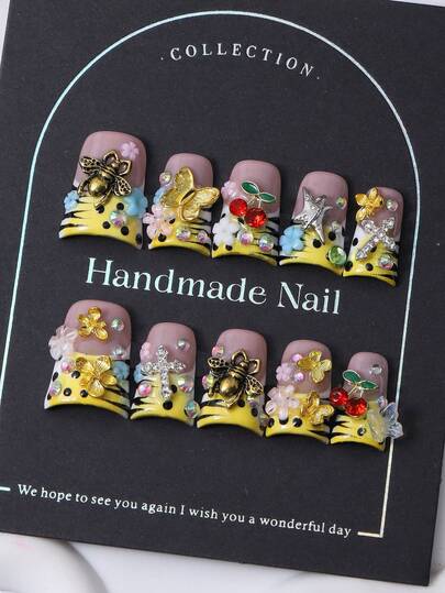 10pcs/Set Handmade Short Duckbill Nail Cap Y2K Yellow French Style & 3D Handcrafted Bow Cross Bee Cherry & Hand Painted Zebra Pattern Print Diamond Design Nail Decoration. 1 Piece Of Jelly Gel And 1 Piece Of Nail File. Perfect For Daily Life As Well As Coachella Music Festival Party Outfits, Press On Nails And Nail Care Products.