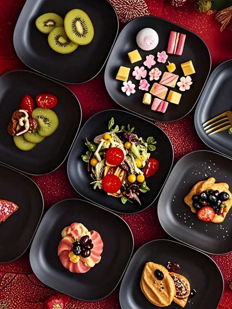 10/8/6/5/4pcs Black Plates, Fruit Plates, Nut Plates, Bone Plates, Snack Plates, Wheat Plates, Dried Fruit Plates, Reusable Wedding Cake Plates, Snack Salad Party Plates, Suitable For Travel, Camping, Picnic - Black - View 1