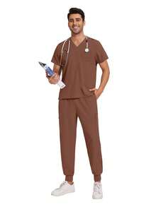 Conjunto de ropa de trabajo médica para hombres, uniforme de dentista/enfermero, top de cuello en V de manga corta, pantalones deportivos médicos, ropa de trabajo de enfermería, ropa de trabajo de doctor - Marrón - Ver 4