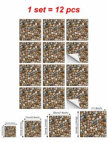 OUTANA 6片/12片鹅卵石瓷砖贴纸，3D自粘可移除瓷砖贴纸，适用于厨房、浴室、客厅、宿舍、墙面、地面装饰，安装简便 - 彩色 - 查看 3