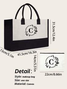 1件/1套花环字母A-Z图案帆布女士手提包，带化妆收纳袋、个性化礼品袋、便携休闲收纳手提包、多功能购物袋，新款设计，大容量 - 黑與白 - 查看 3