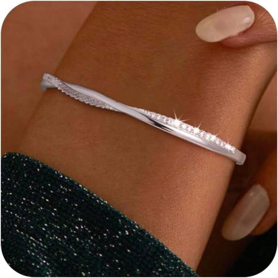 14K Gold Plated Cuff Bracelets For Women , Silver Plated Bangle Bracelets For Women Dainty Bangles Cubic Zirconia Adjustable Wave Bracelet Fashion Jewelry Gift For Women - 編織 - 銀色 - 查看 1