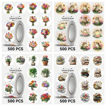 500pcs/Roll Bouquet, Potted Plant, Book Flower, Frog Pattern Stickers, Ideal For Small Gifts. DIY Decorative Stickers. Happy New Year. 8-10 Assorted Patterns, Suitable For Decorating Small Gifts, Packaging Bags, Cups, Stationery, And More.