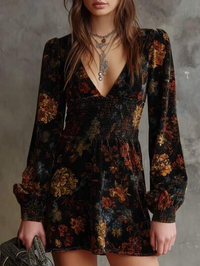 Vestido Corto de Terciopelo Estilo Occidental Novedad | Elegante Estampado Floral | Cuello en V Sexy | Cintura Ajustada | Manga Larga