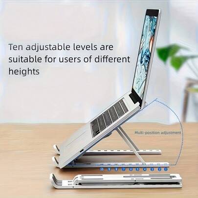 1 Portable Foldable Laptop Stand - 7-Level Adjustable Cooling Desk Holder, Space-Saving Design Suitable For All Computers, White, Black, Sturdy Structure, Plastic Material
