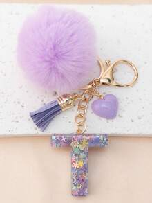 Móc khóa chữ cái A-Z bằng nhựa đính kim sa hình quả cầu len dễ thương, phụ kiện ví & túi xách, đồ trang trí treo balo, mặt dây chuyền xe hơi, quà tặng cho bé gái. - Màu tím hoa cà - Xem 14